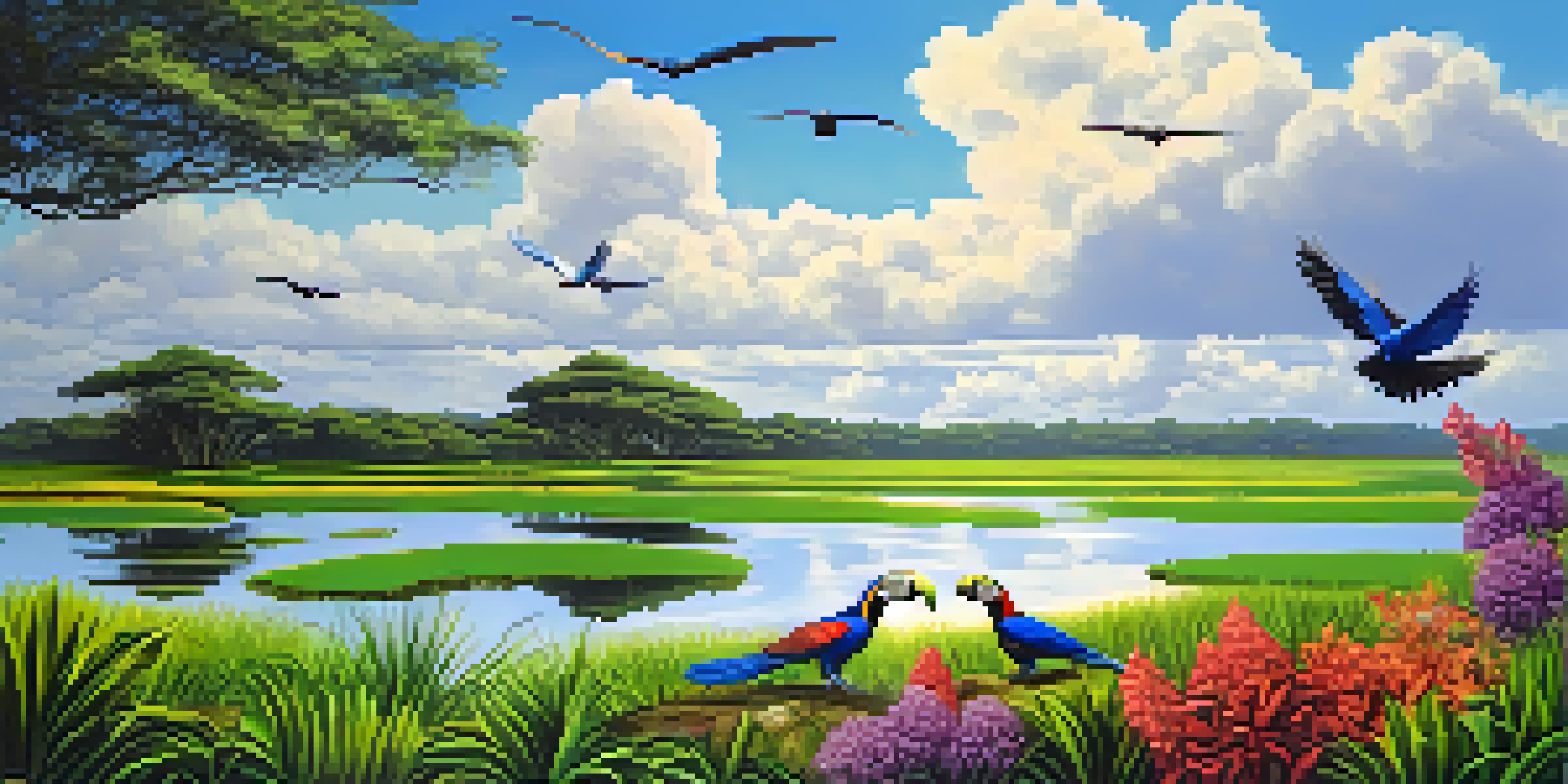 A wide view of Brazil's Pantanal showing green wetlands, blue lakes, and colorful birds flying in a cloudy sky.