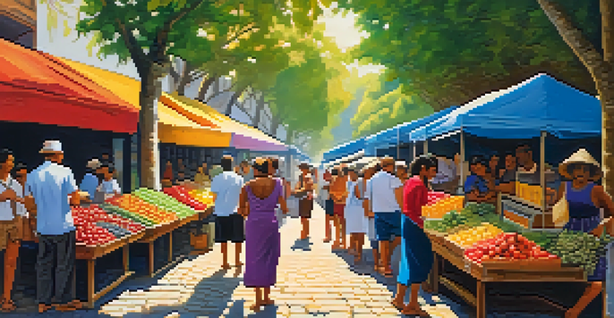 A lively street market in Brazil with colorful stalls, fresh fruits, and cheerful vendors interacting with tourists under warm sunlight.