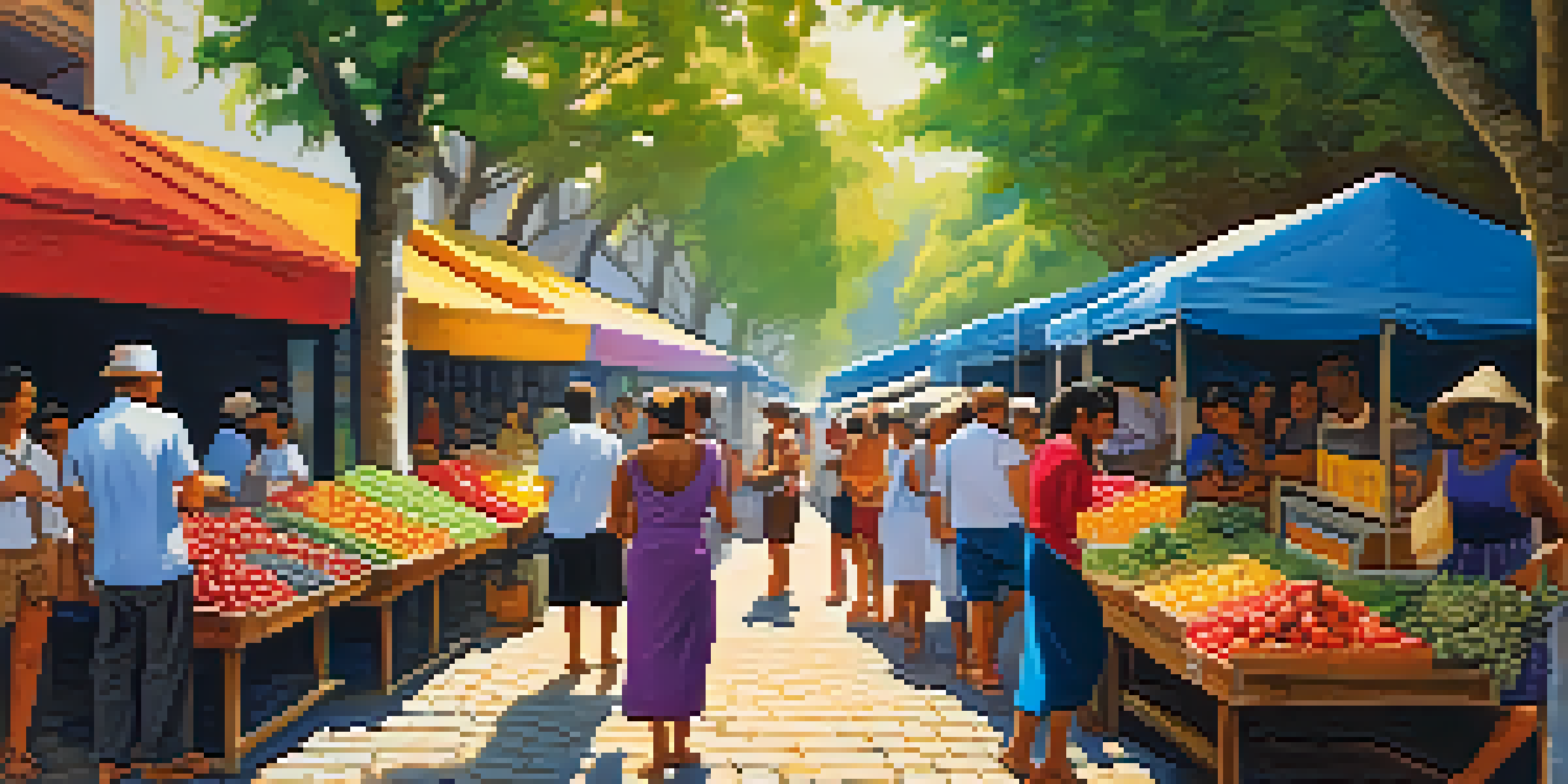 A lively street market in Brazil with colorful stalls, fresh fruits, and cheerful vendors interacting with tourists under warm sunlight.