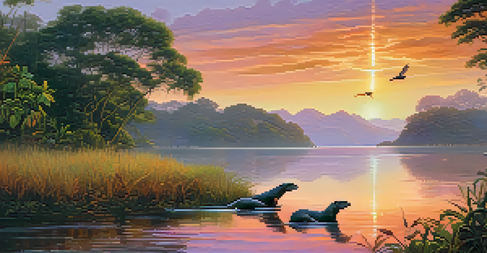 A sunset over the Rio Araguaia featuring playful giant river otters and colorful birds above lush vegetation.