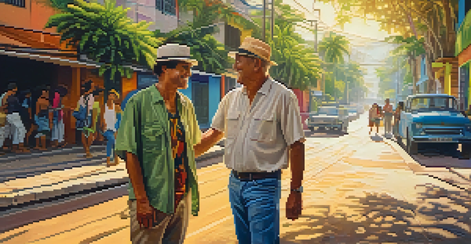 Two locals in Brazil greeting each other with a handshake, surrounded by colorful street art and tropical plants under golden sunlight.