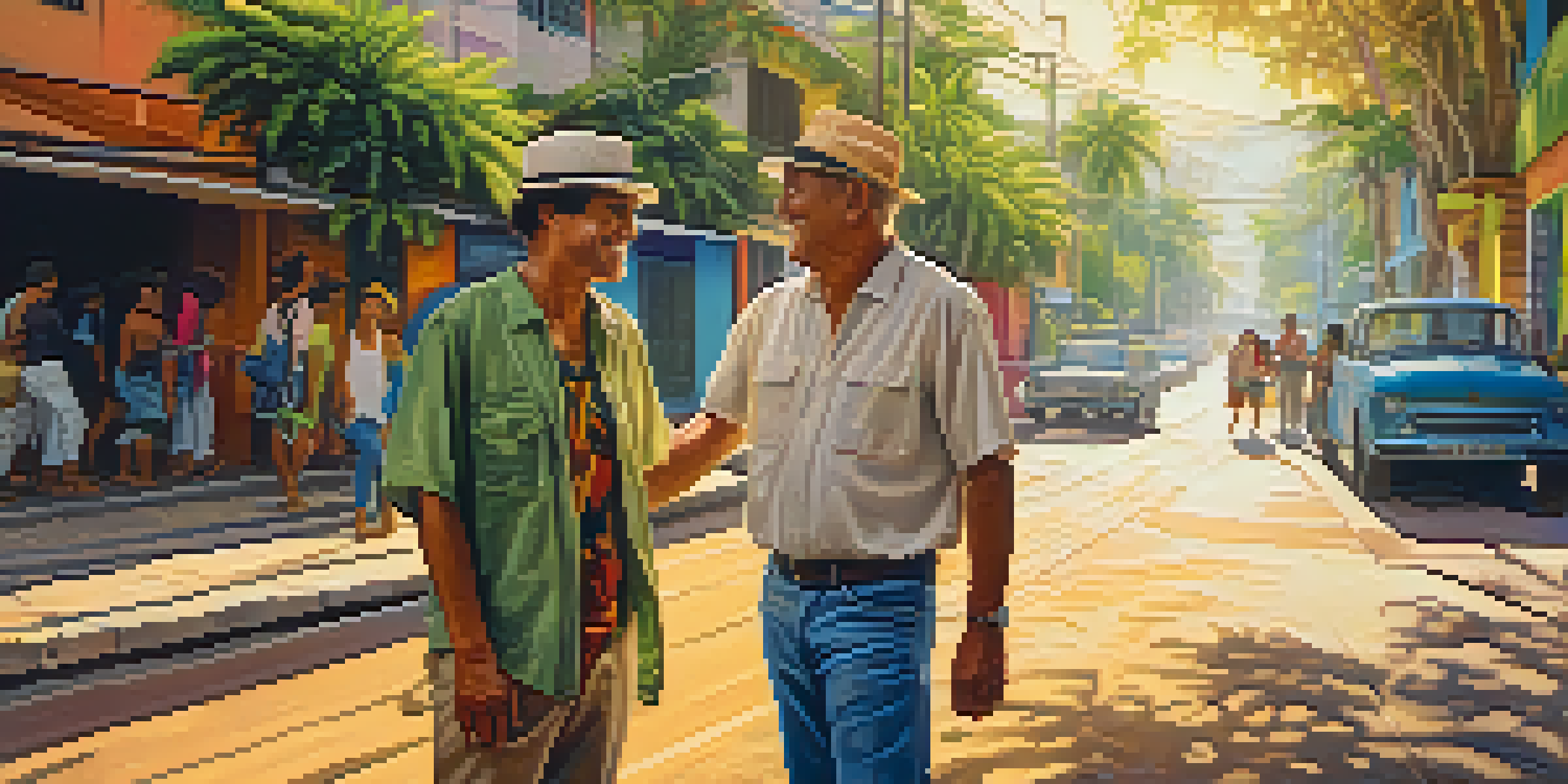 Two locals in Brazil greeting each other with a handshake, surrounded by colorful street art and tropical plants under golden sunlight.