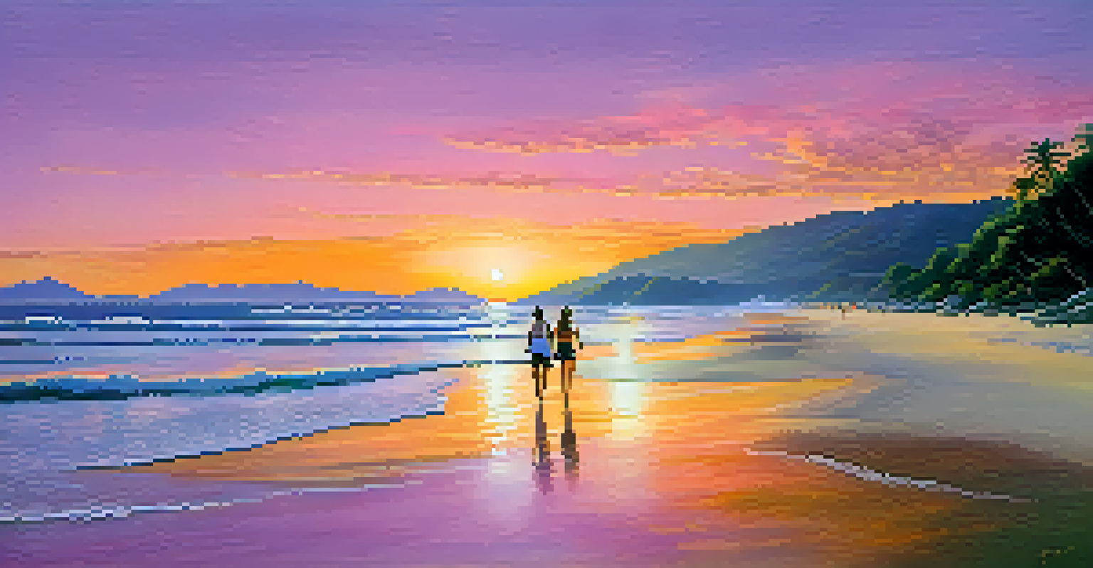 A peaceful beach in Florianópolis during sunset with golden sands and colorful clouds in the sky.