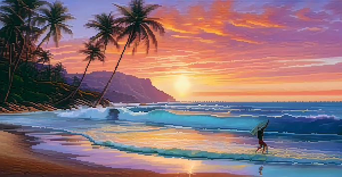 Scenic sunset view of Pipa Beach with dramatic cliffs and surfers riding the waves.