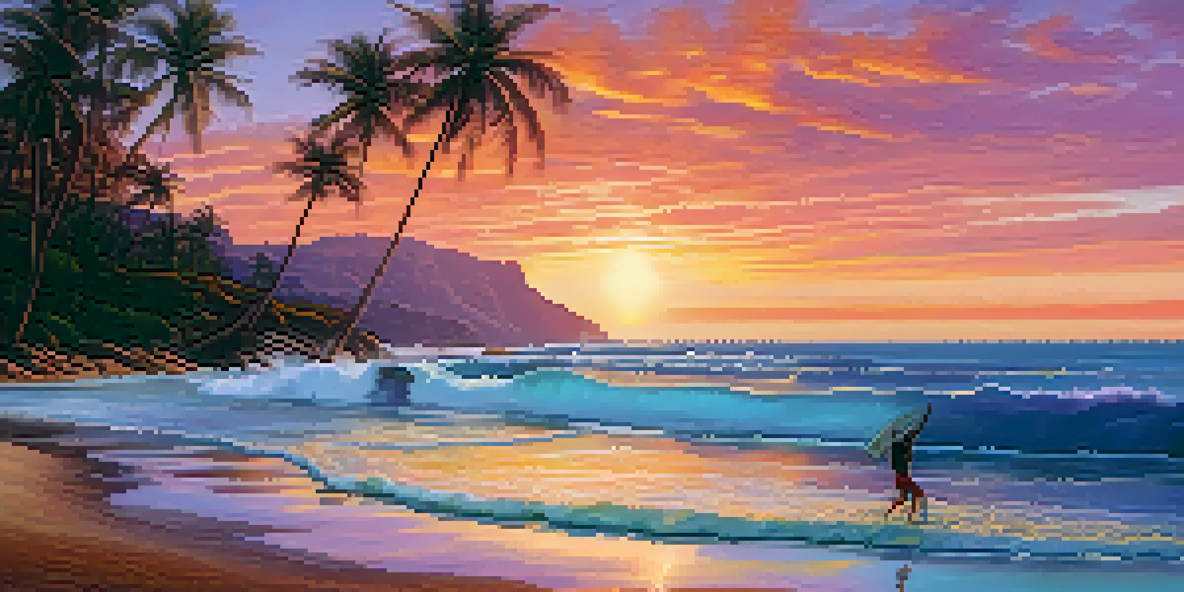 Scenic sunset view of Pipa Beach with dramatic cliffs and surfers riding the waves.