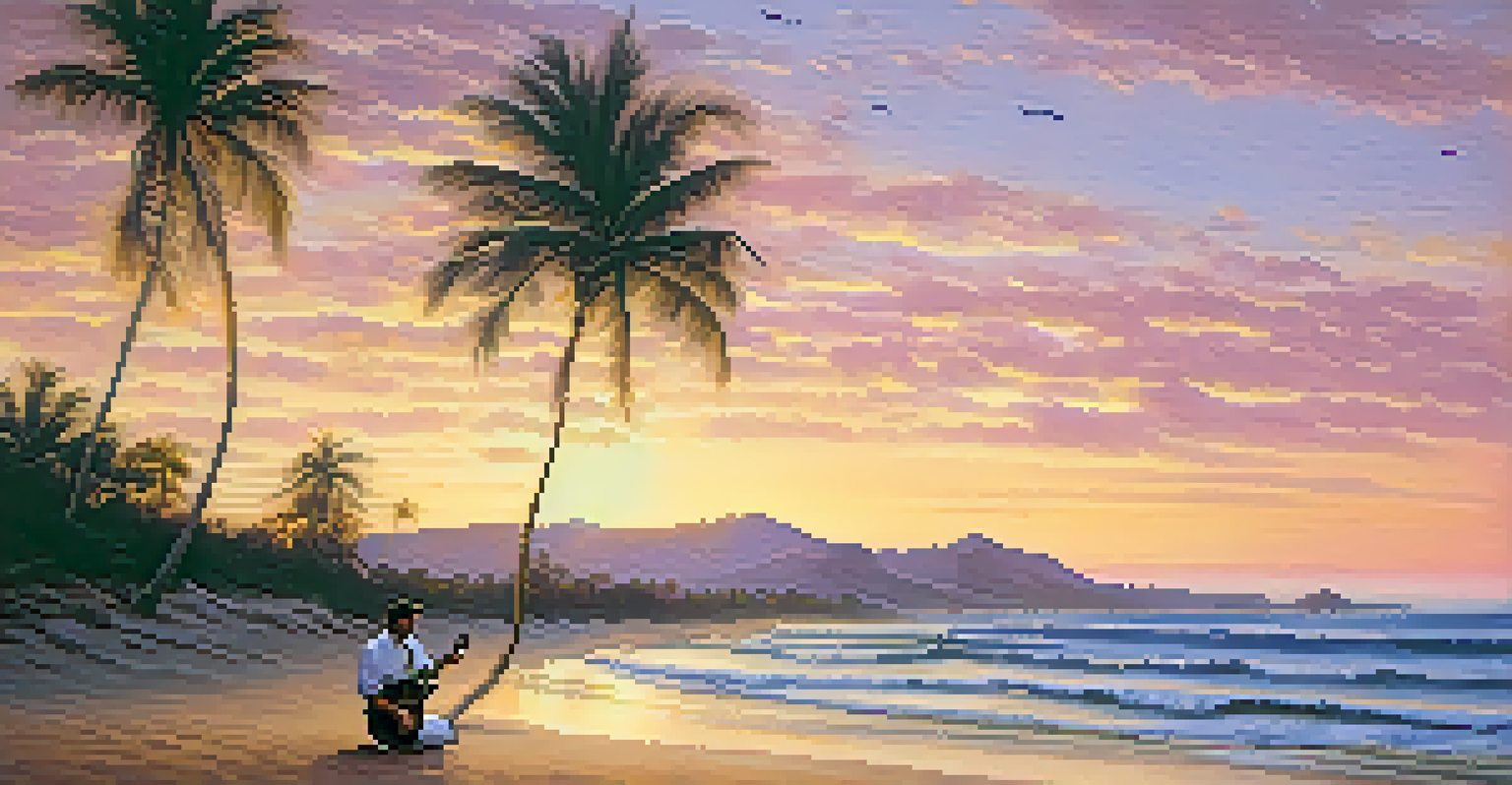 A guitarist sitting on the beach during sunset, playing bossa nova music with waves lapping at the shore and palm trees in the background.