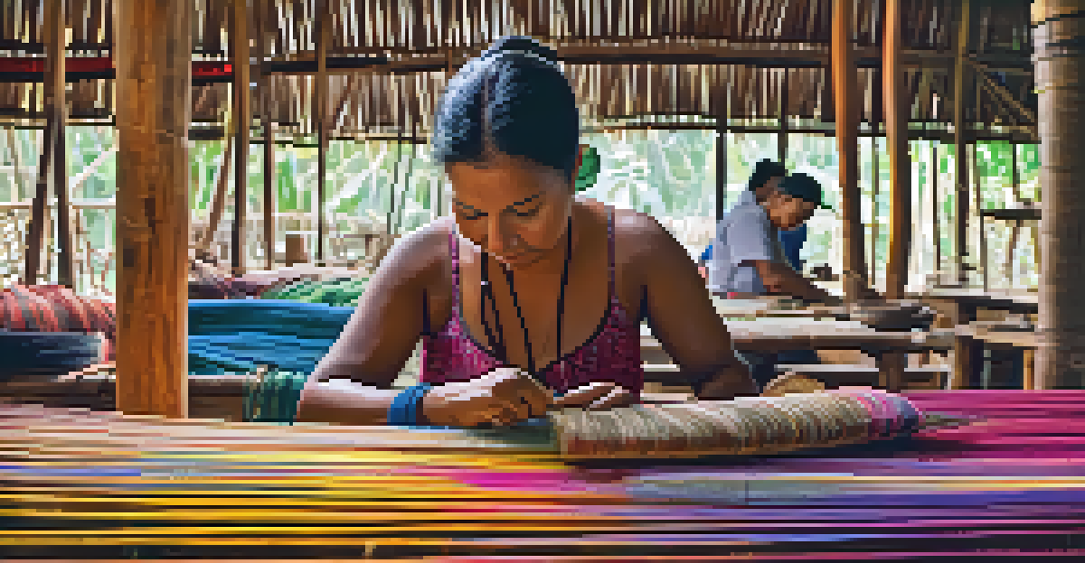 An artisan in Manaus weaving a colorful textile, surrounded by natural materials from the Amazon rainforest, illuminated by sunlight.