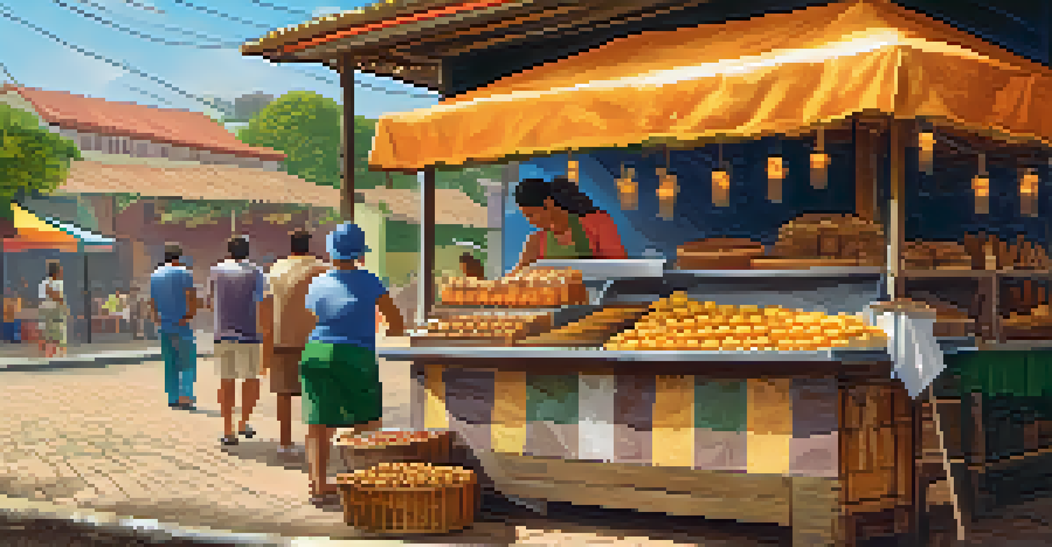 A street food stall in Brazil featuring traditional dishes like pastéis and acarajé, with colorful ingredients and a lively market atmosphere.