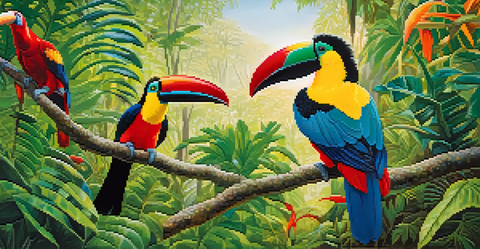 A beautiful Brazilian rainforest scene with colorful tropical birds perched on branches, sunlight filtering through the leaves.