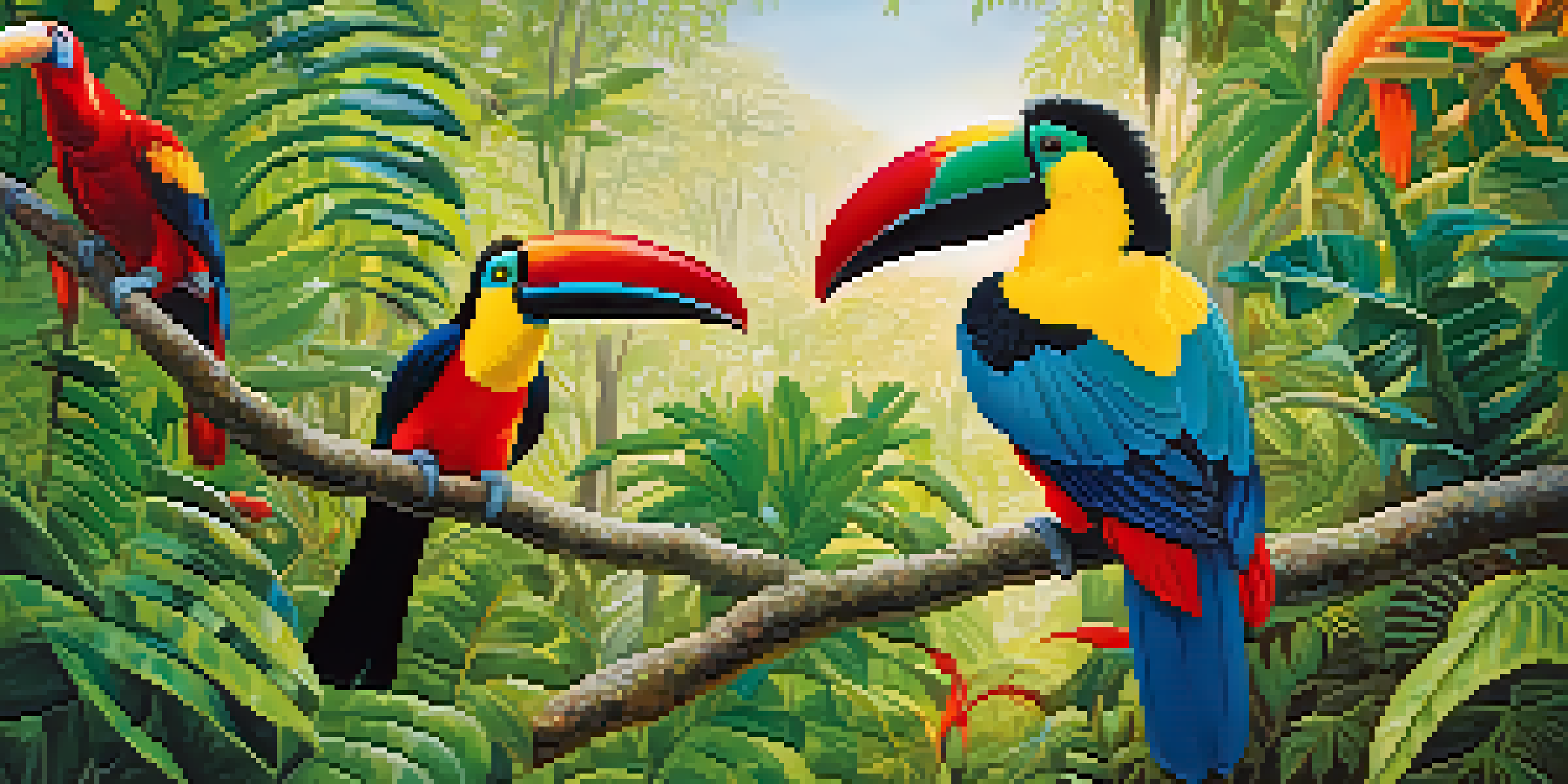 A beautiful Brazilian rainforest scene with colorful tropical birds perched on branches, sunlight filtering through the leaves.