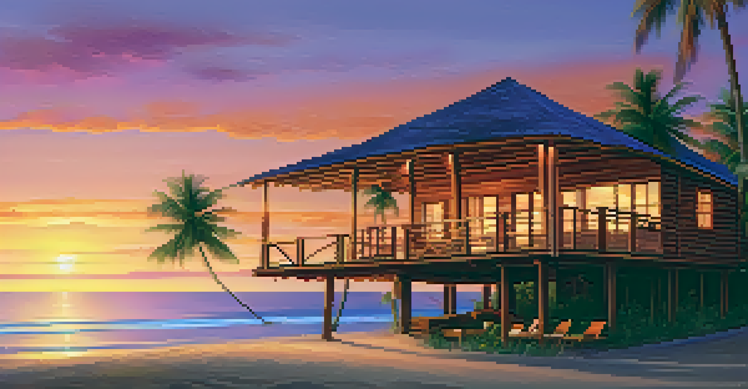 A charming eco-lodge by the beach during sunset, featuring natural materials and surrounded by palm trees and calm waves.