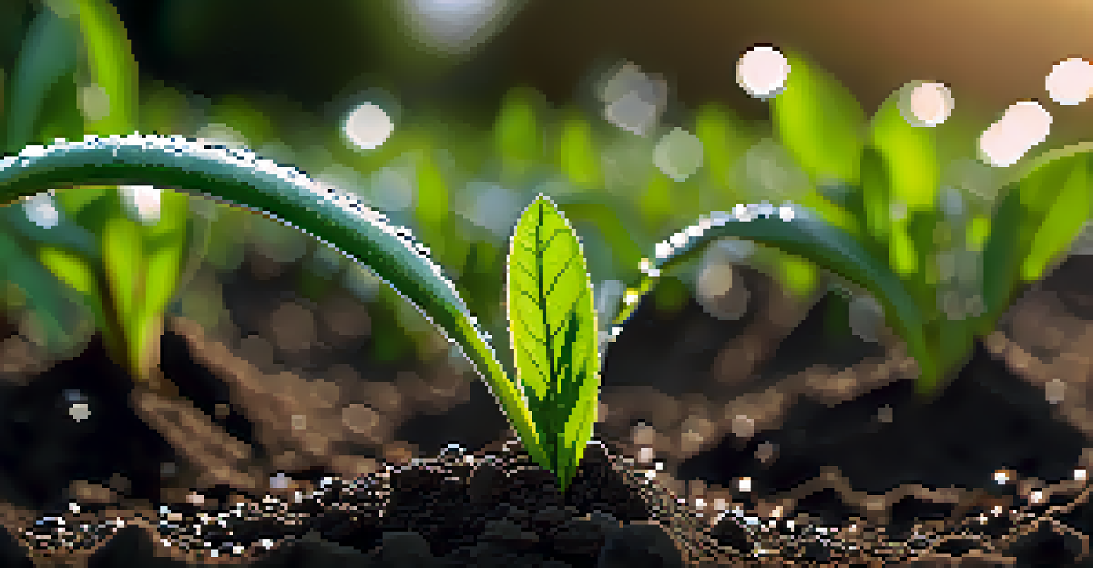 Close-up of a drip irrigation system in a Brazilian field, with water droplets on green leaves and healthy, dark soil.