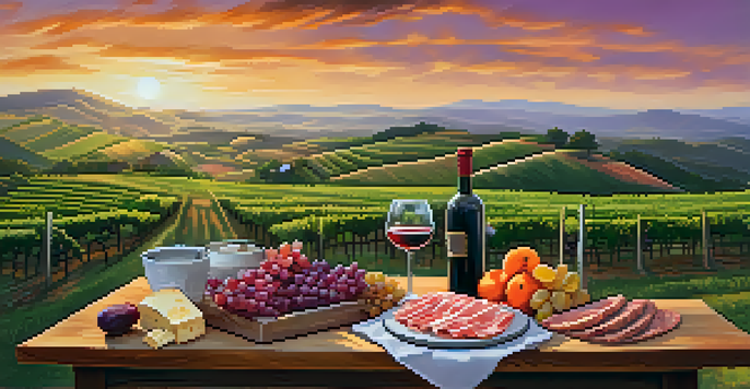 A scenic view of a vineyard at sunset in Brazil, with grapevines on rolling hills and a table set for a wine tasting.