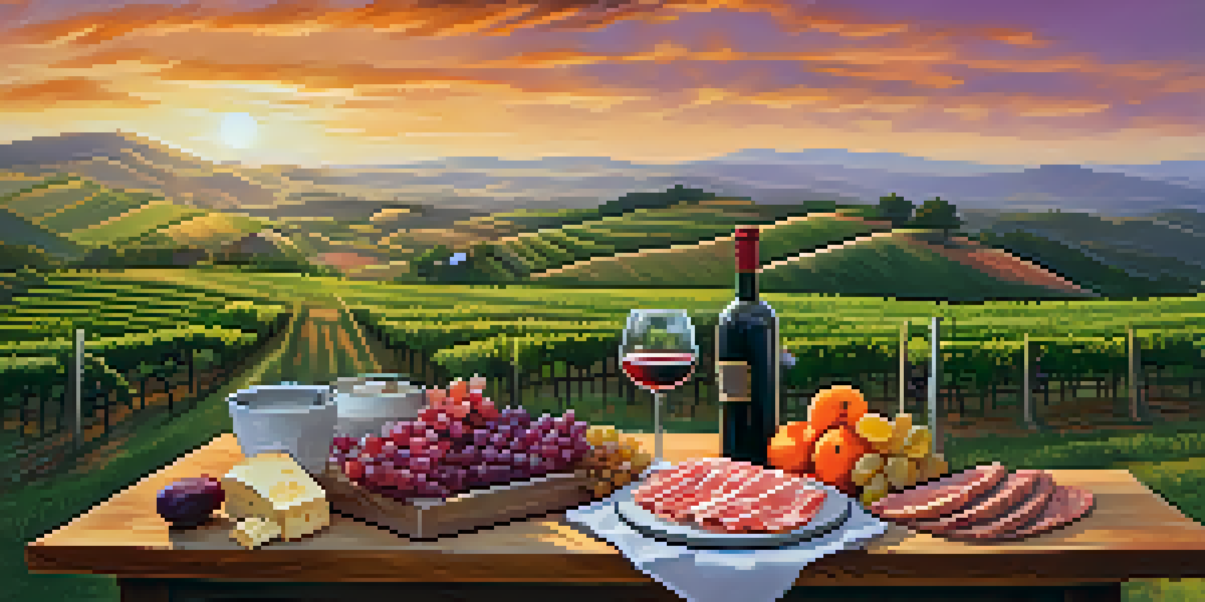 A scenic view of a vineyard at sunset in Brazil, with grapevines on rolling hills and a table set for a wine tasting.