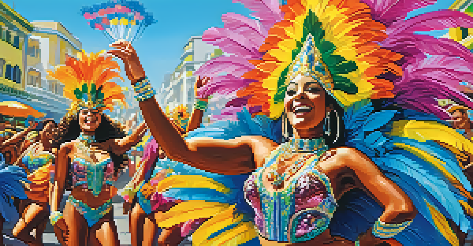 A lively samba dance scene during Rio Carnival with colorful dancers and a cheering crowd.