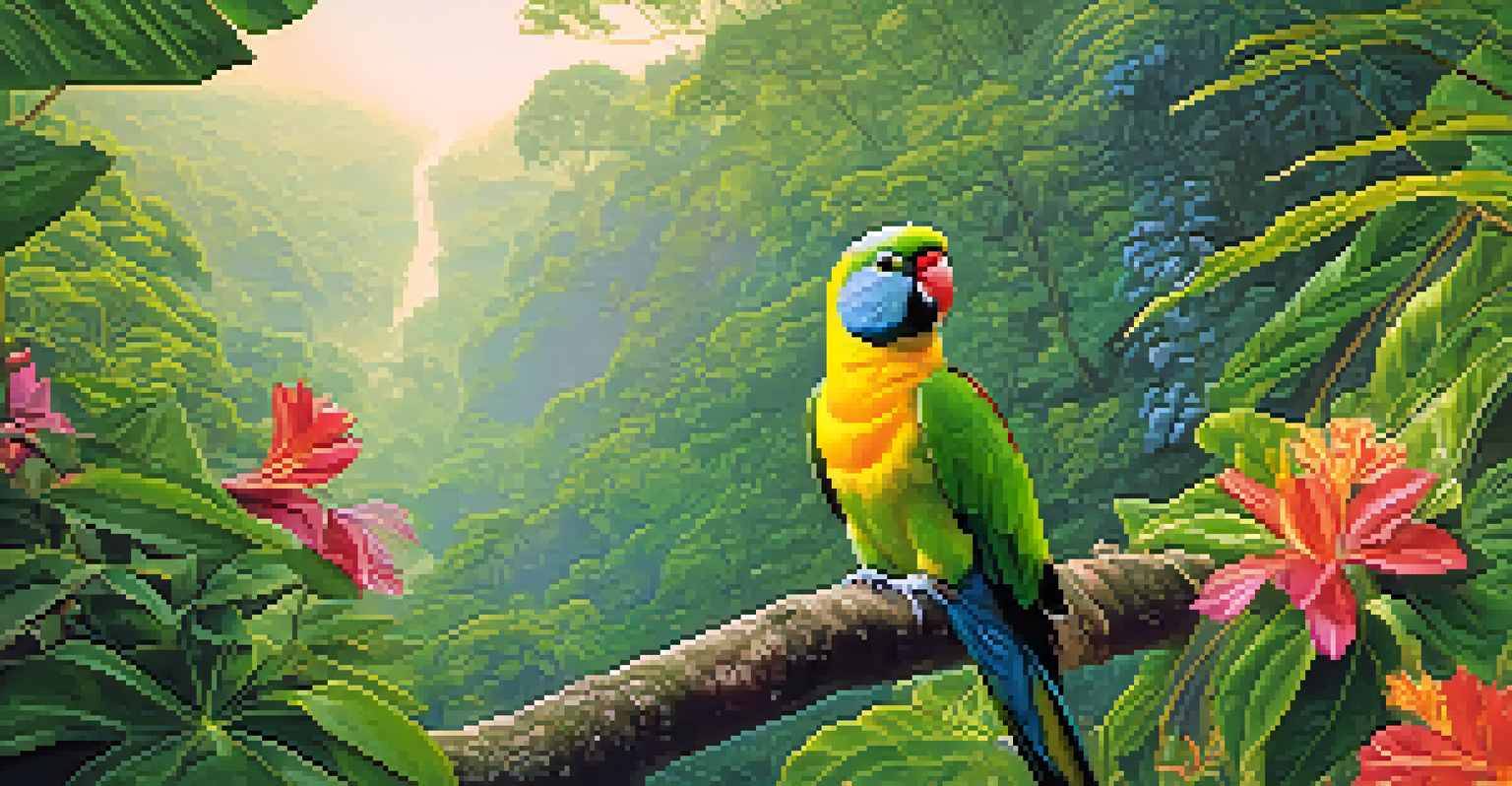 A birdwatcher observing a Golden-capped Parakeet in the lush Atlantic Forest.