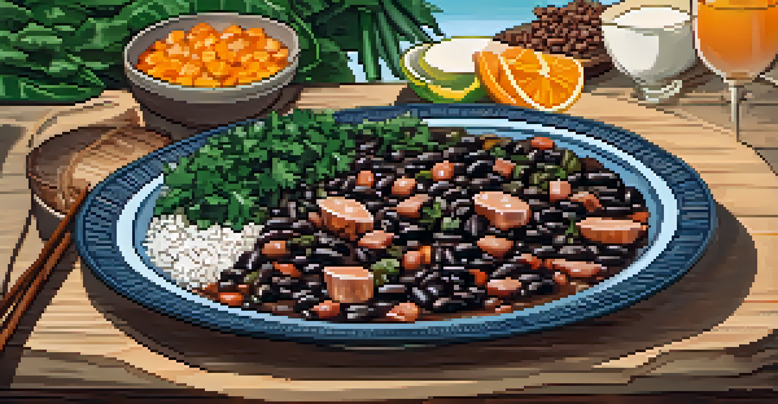 A close-up of feijoada served with rice, collard greens, and orange slices on a rustic wooden table.
