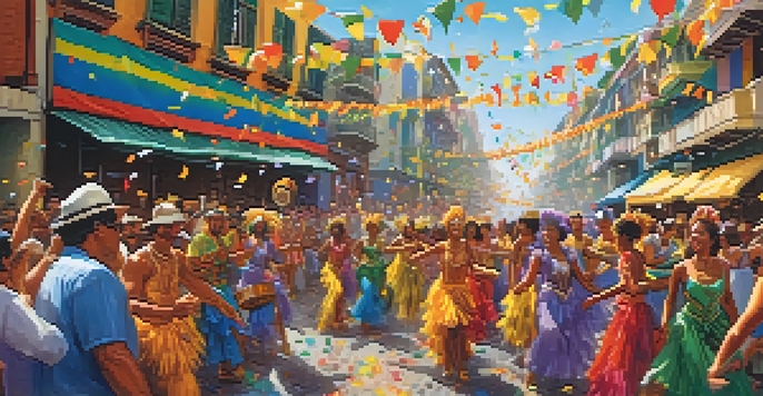 A lively samba parade during Carnival in Brazil, with dancers in colorful costumes and drumming musicians, surrounded by a crowd of excited spectators.