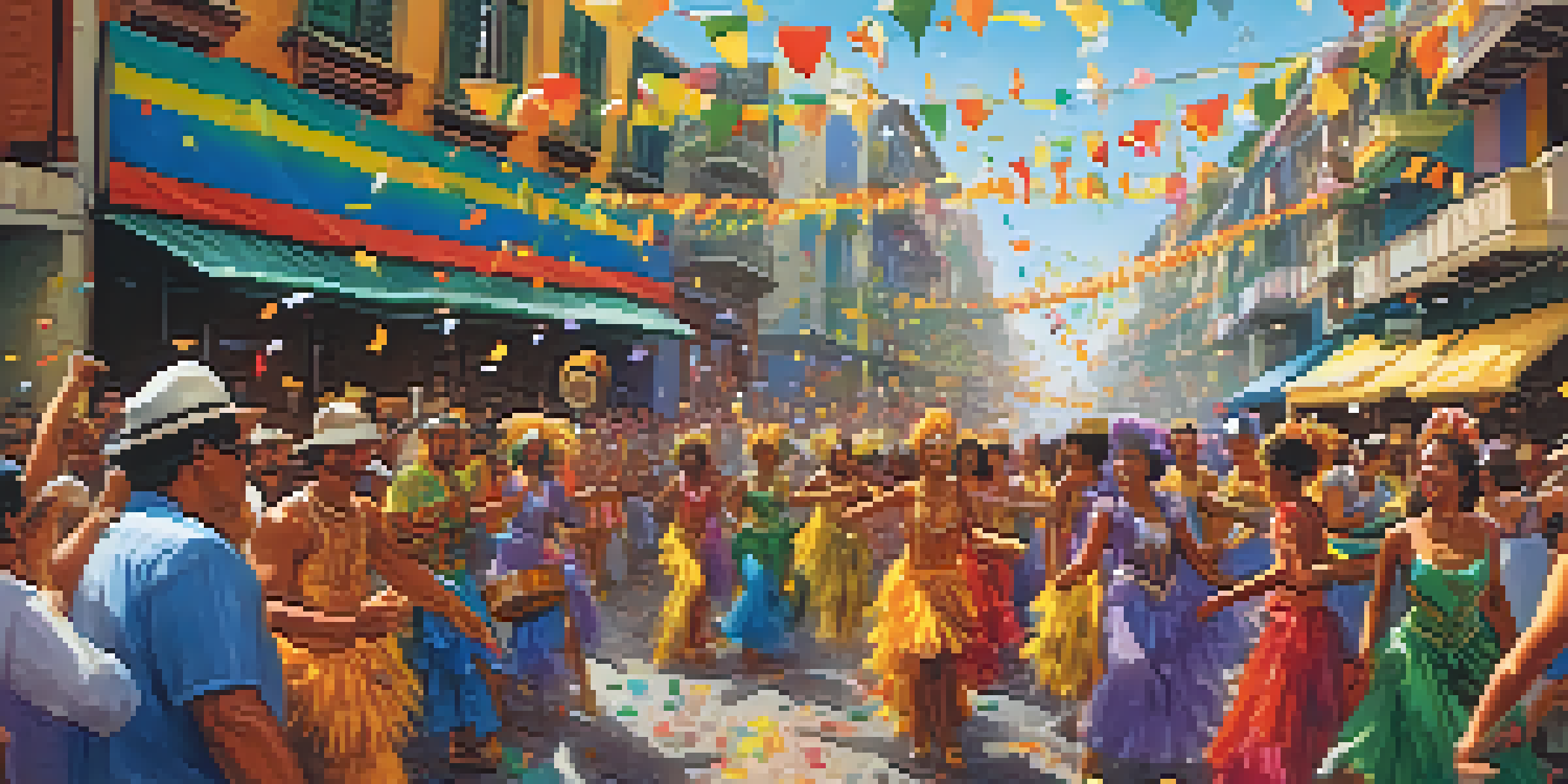 A lively samba parade during Carnival in Brazil, with dancers in colorful costumes and drumming musicians, surrounded by a crowd of excited spectators.