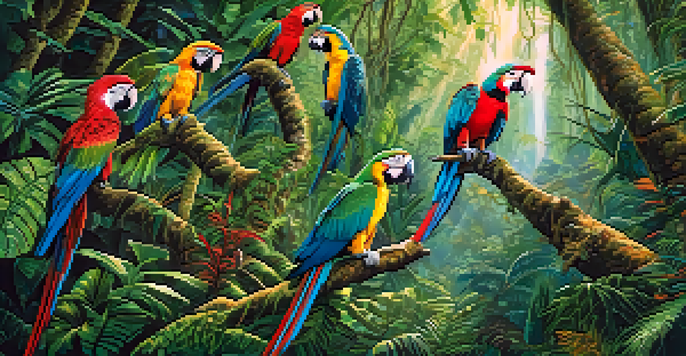 A lush Amazon rainforest filled with wildlife, including colorful macaws and a jaguar, illuminated by soft sunlight.