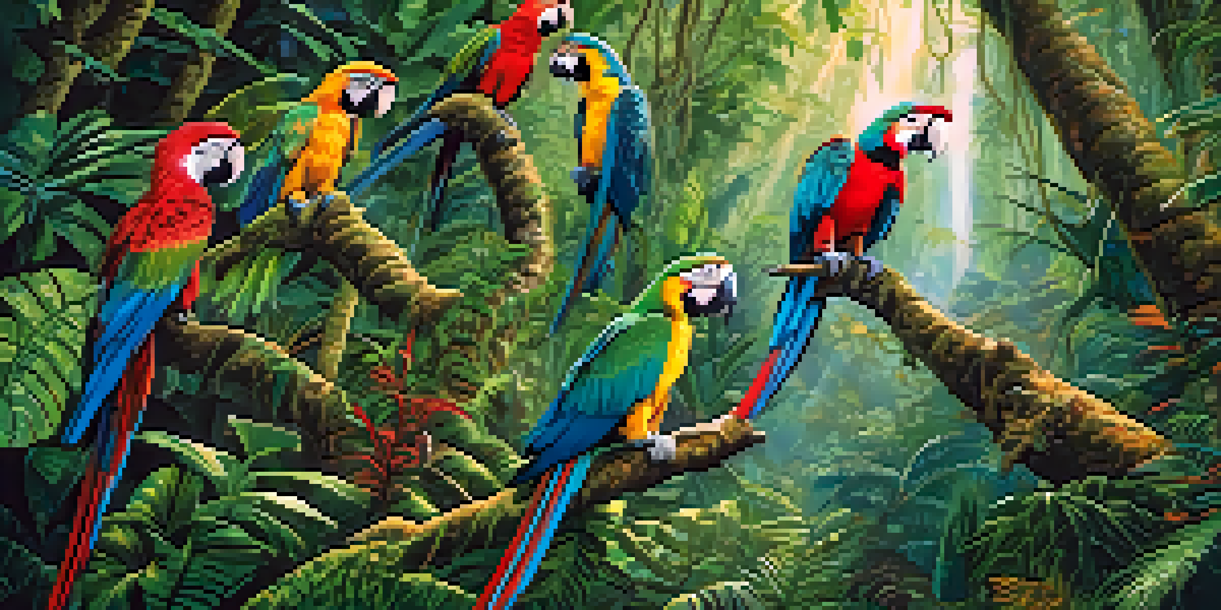 A lush Amazon rainforest filled with wildlife, including colorful macaws and a jaguar, illuminated by soft sunlight.