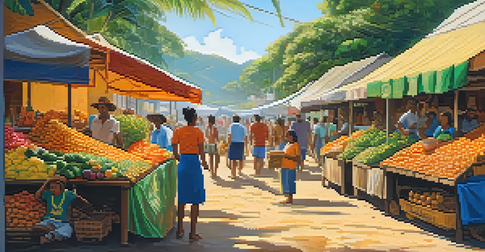 A lively Brazilian market filled with colorful fruits and cachaça bottles, with people enjoying the vibrant atmosphere in the sunlight.