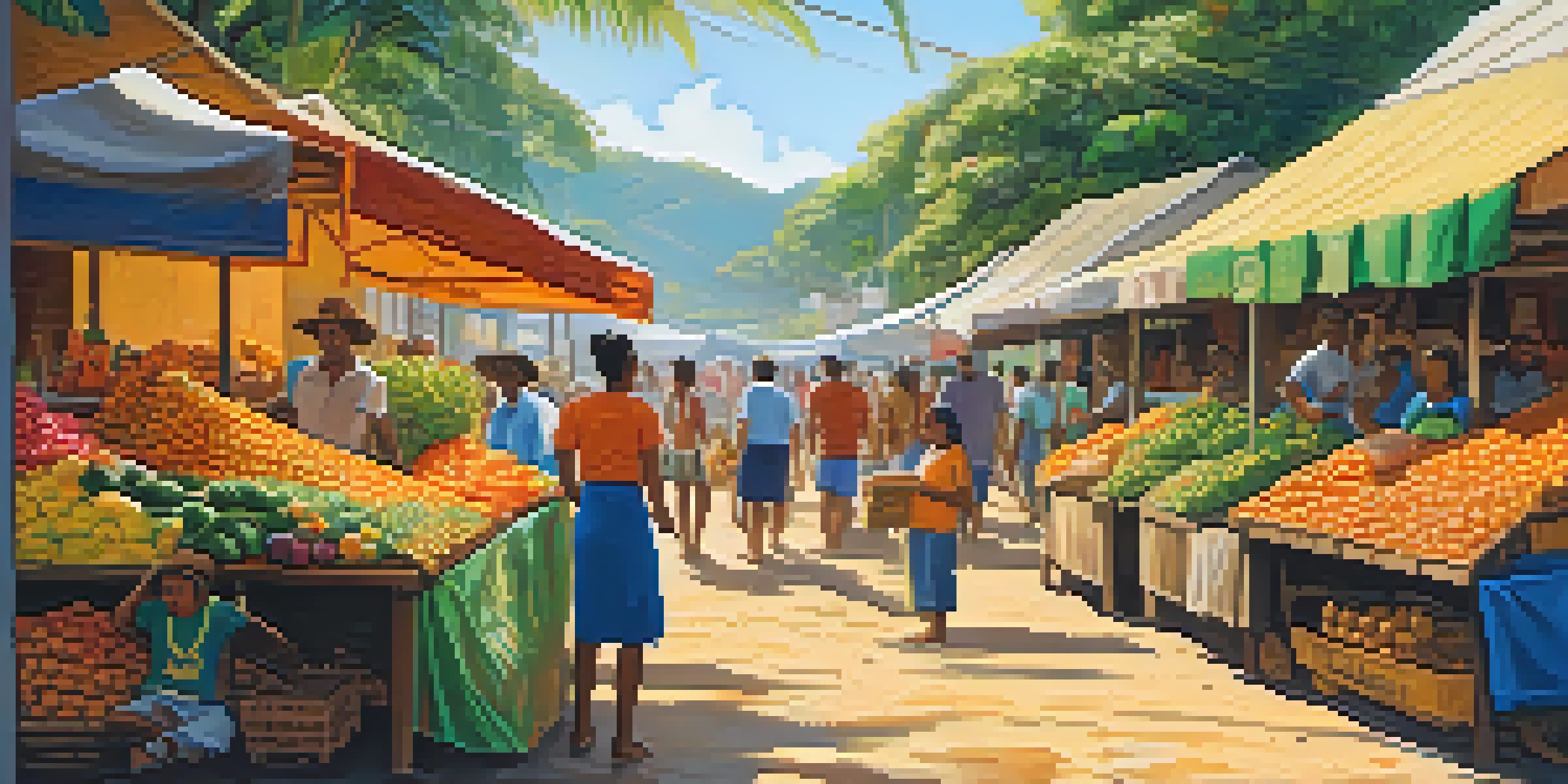 A lively Brazilian market filled with colorful fruits and cachaça bottles, with people enjoying the vibrant atmosphere in the sunlight.