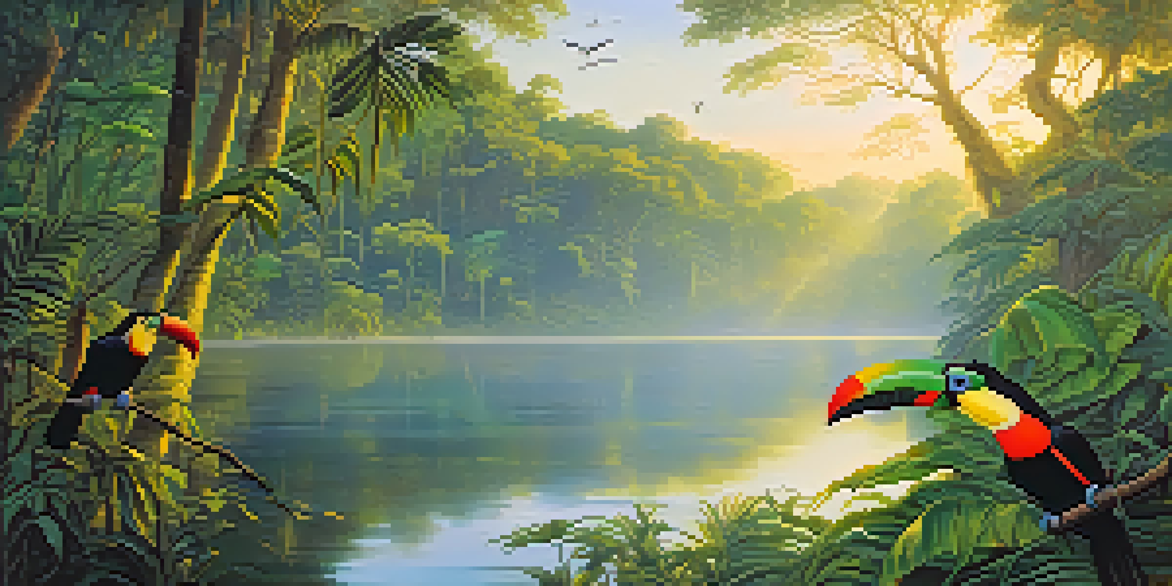 A colorful view of the Amazon Rainforest at dawn with toucans on branches and a river reflecting the greenery.