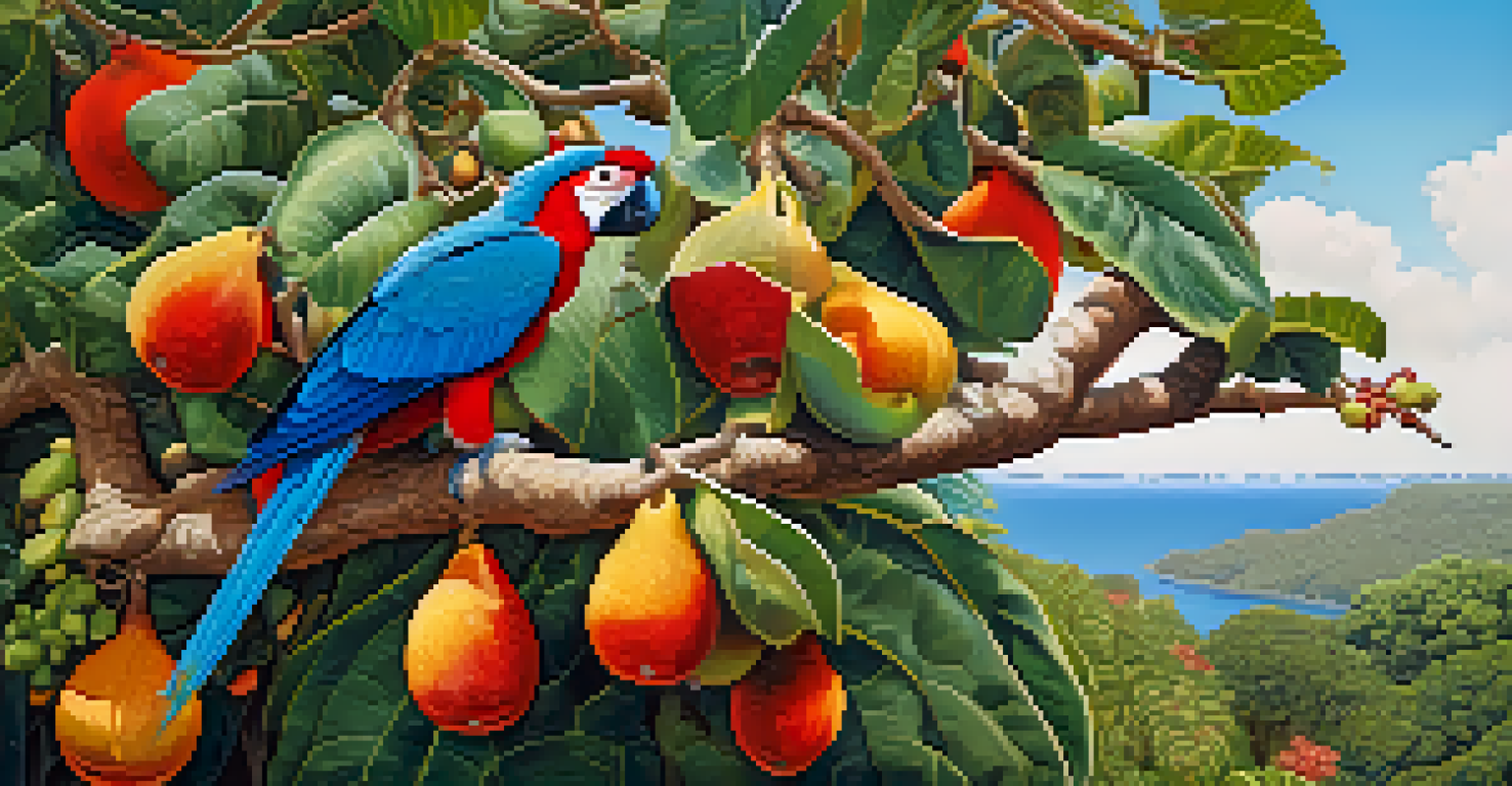 A close-up of a fig tree with fruits, showing detailed textures, alongside birds like the blue-winged macaw and red-billed curassow.