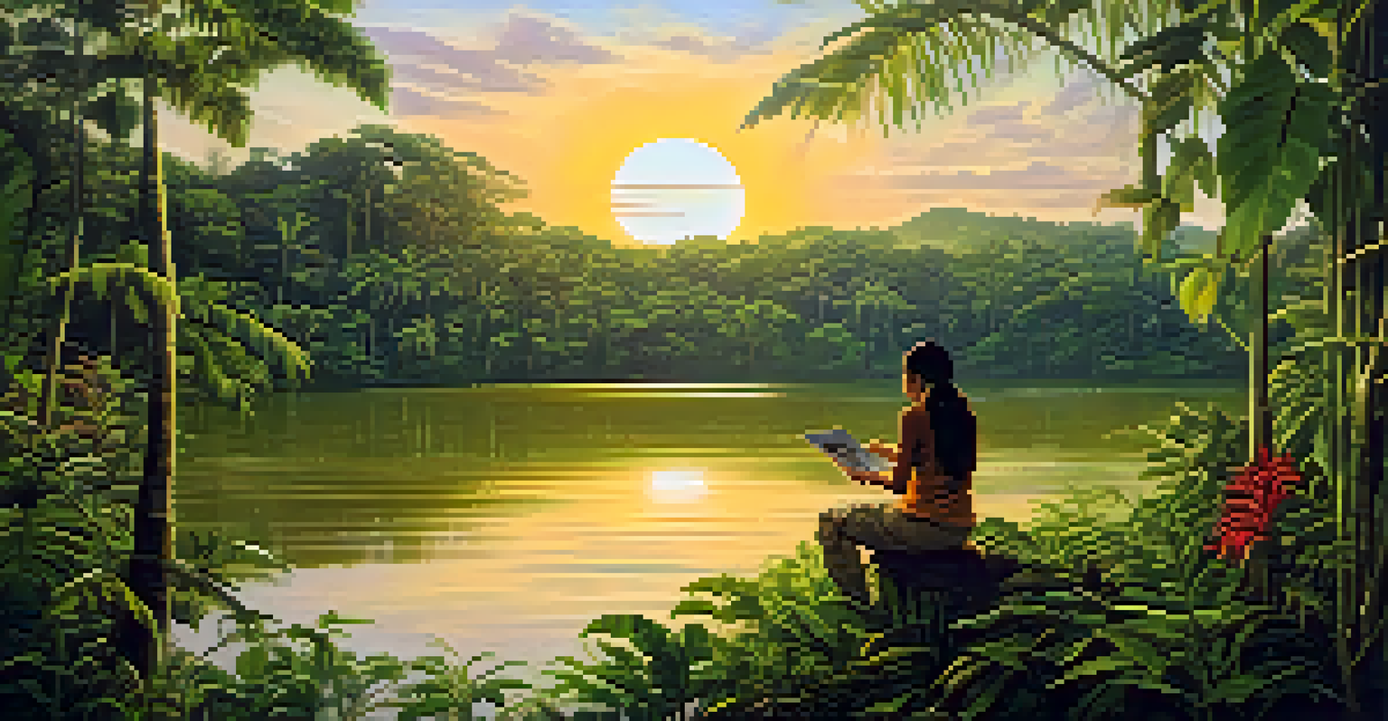 A volunteer in the Amazon rainforest engaged in wildlife conservation, surrounded by lush greenery and animals under a golden sunset.