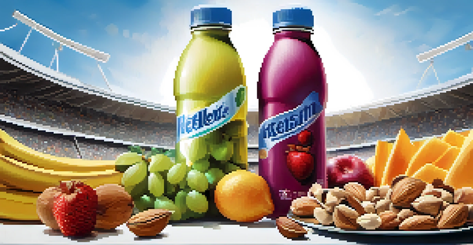 A close-up of a fan holding a water bottle and healthy snacks in a vibrant stadium environment.