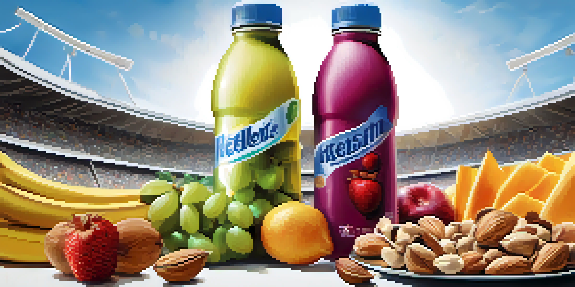 A close-up of a fan holding a water bottle and healthy snacks in a vibrant stadium environment.