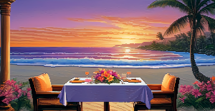 A peaceful beachfront dining setup at sunset with a wooden table, tropical flowers, and the ocean in the background.