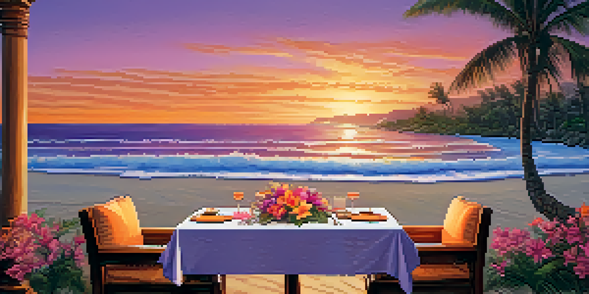 A peaceful beachfront dining setup at sunset with a wooden table, tropical flowers, and the ocean in the background.