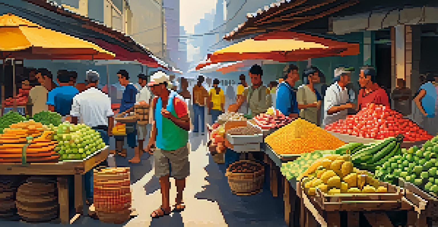 A lively food market in São Paulo filled with colorful fruits and traditional Brazilian dishes, with vendors and customers enjoying the atmosphere.