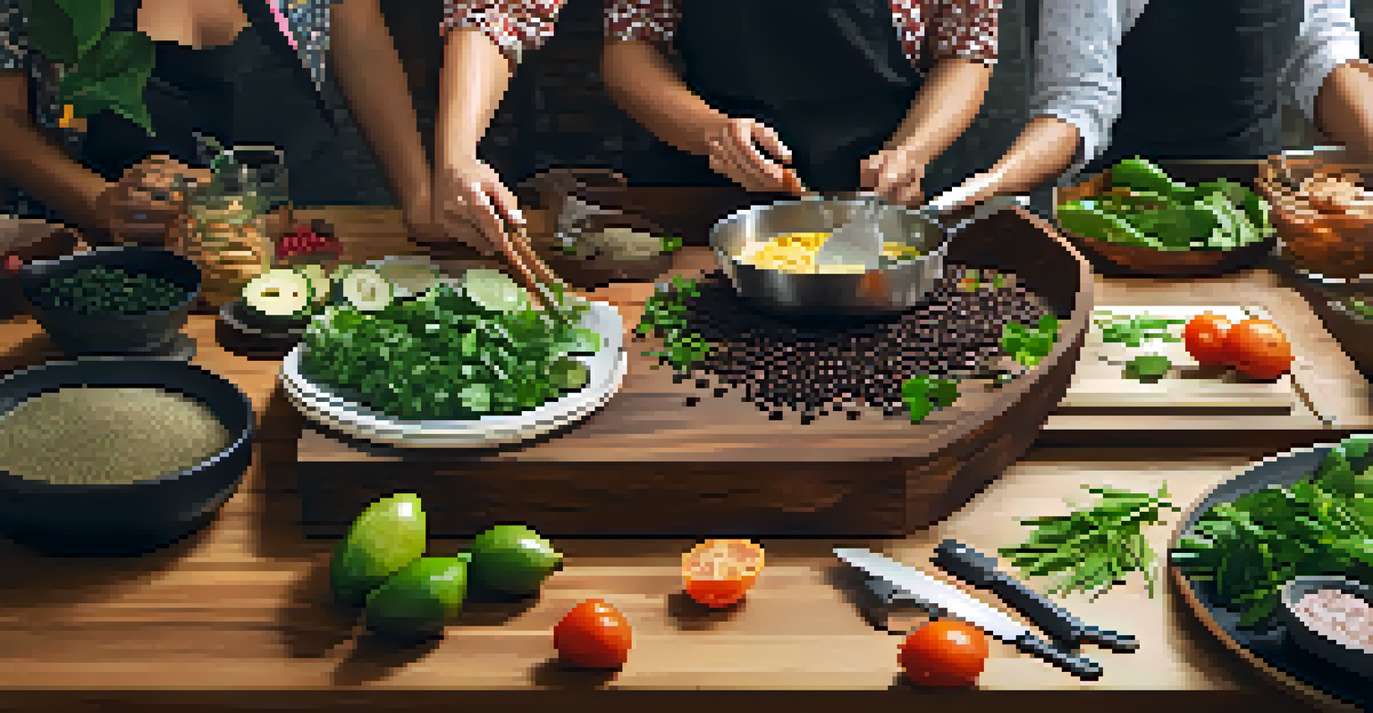 A cooking workshop in São Paulo where participants learn to prepare traditional Brazilian dishes with colorful ingredients and a welcoming kitchen environment.