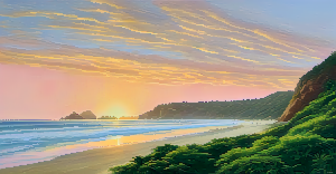 A sunset view of Prainha Beach with golden reflections on the ocean, lush cliffs, and surfers in the distance.