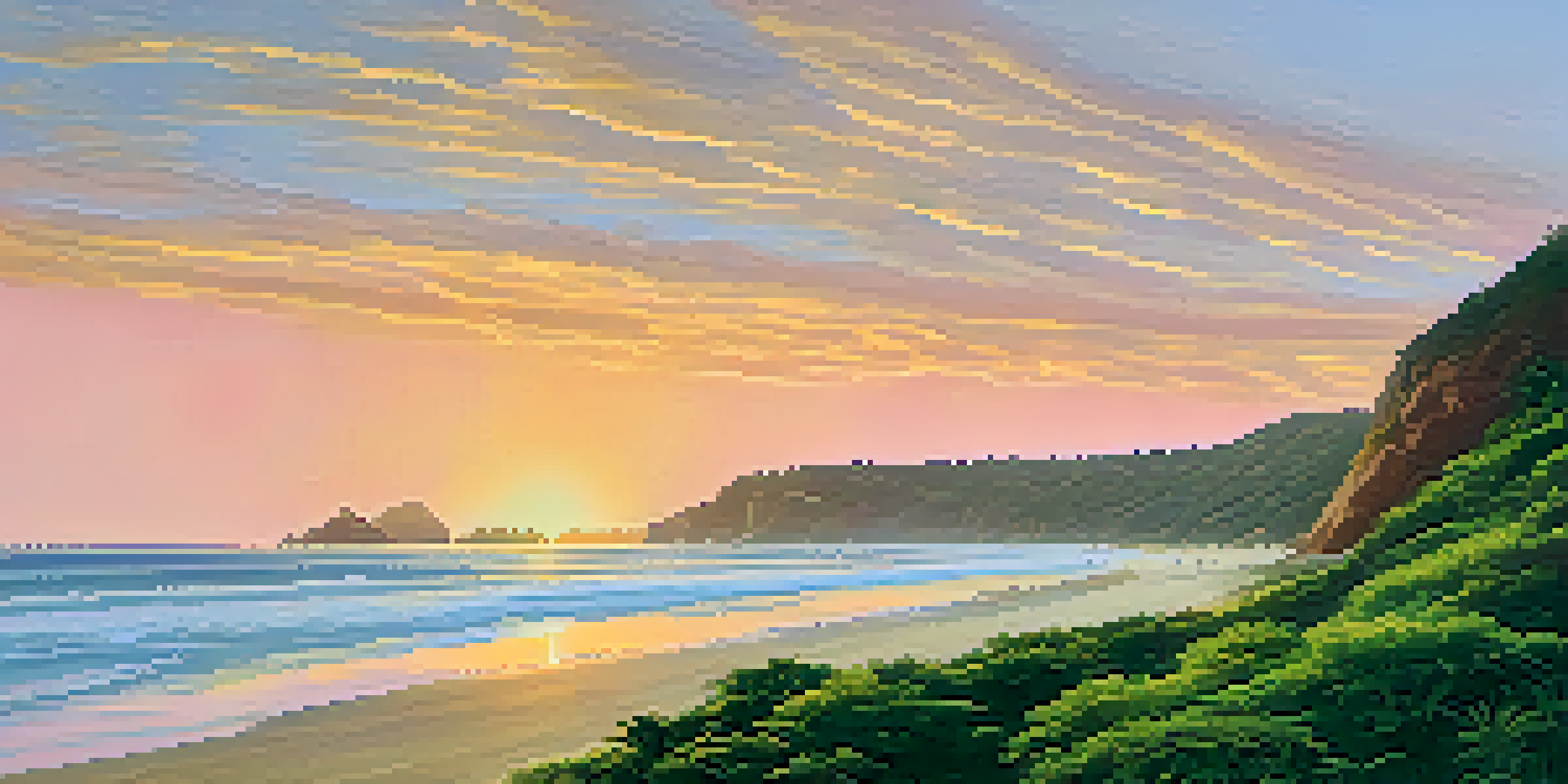 A sunset view of Prainha Beach with golden reflections on the ocean, lush cliffs, and surfers in the distance.