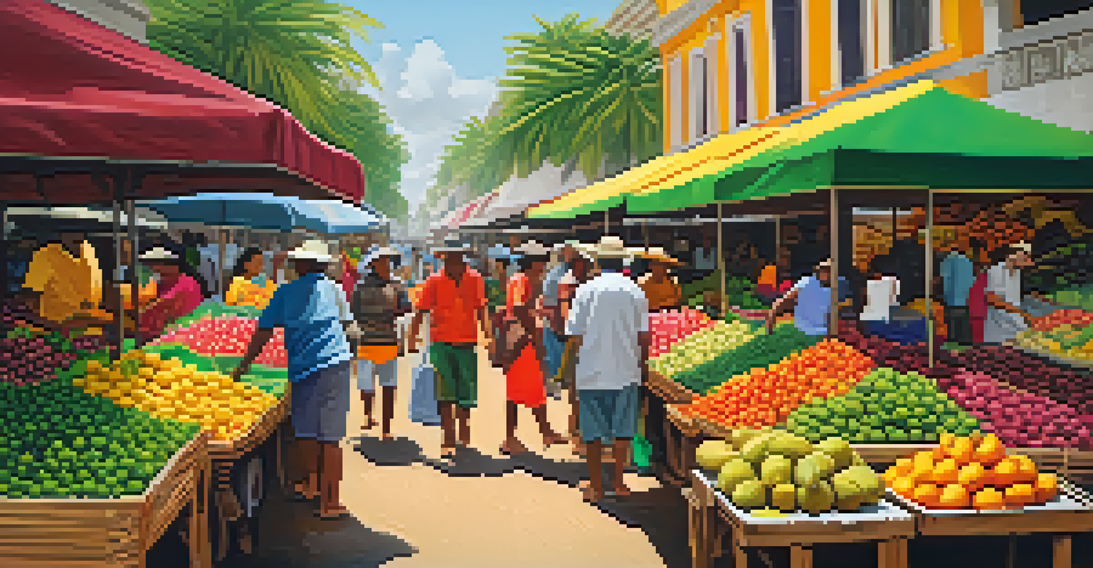 A lively outdoor market in Brazil with stalls of colorful tropical fruits and bustling shoppers.