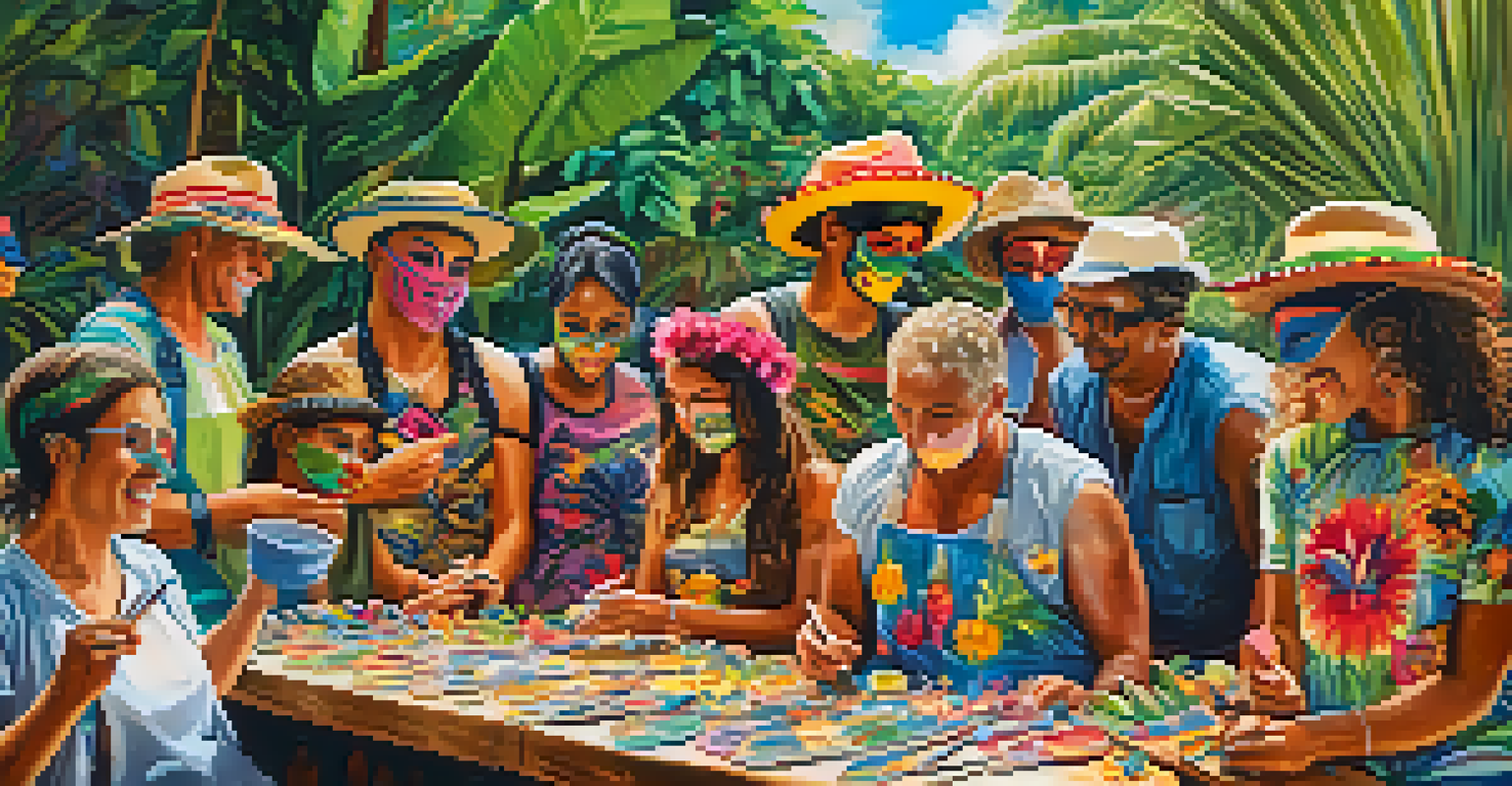 Participants in Brazil painting colorful carnival masks in an outdoor workshop surrounded by tropical plants.