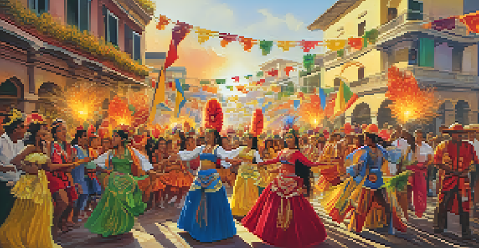 A lively festival with participants in colorful Boi Tatá costumes, surrounded by bright decorations and a jubilant crowd, illuminated by warm sunlight.