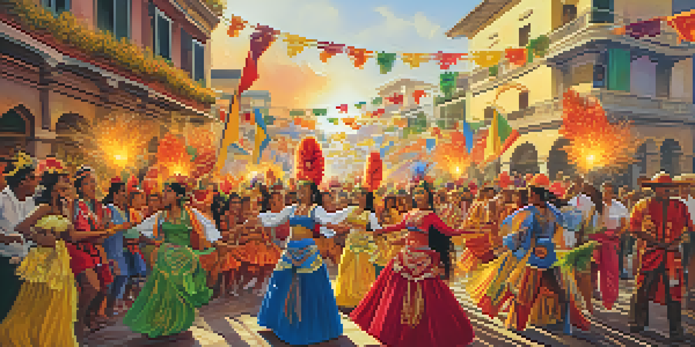A lively festival with participants in colorful Boi Tatá costumes, surrounded by bright decorations and a jubilant crowd, illuminated by warm sunlight.