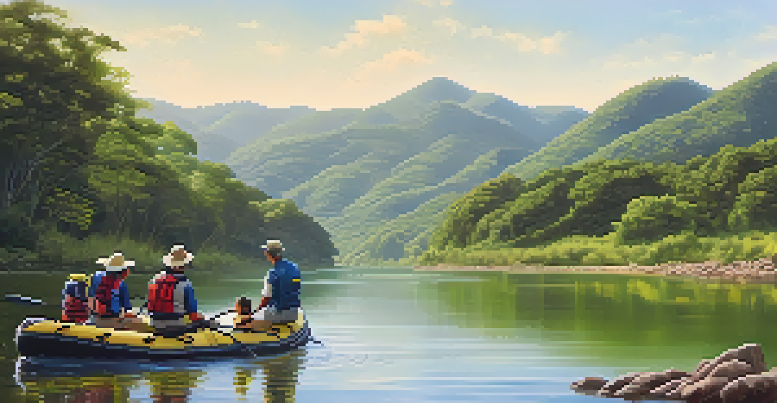 A peaceful scene of the Rio Paraíba do Sul with gentle currents, rolling hills, and a family enjoying a relaxing rafting experience.