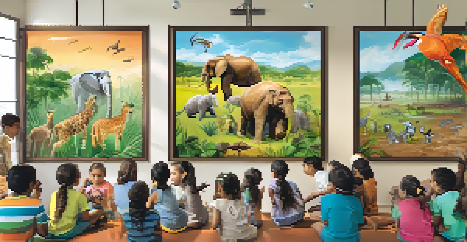 Children participating in a wildlife conservation workshop, learning about local animals with an educator.