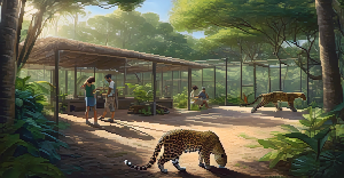 A wildlife rehabilitation center in Brazil with a volunteer caring for a young jaguar in a lush green setting.