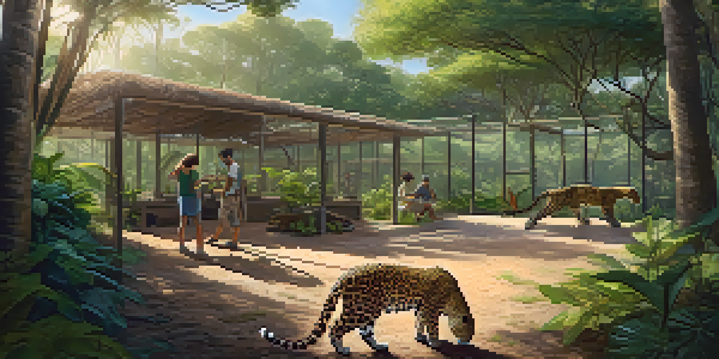 A wildlife rehabilitation center in Brazil with a volunteer caring for a young jaguar in a lush green setting.