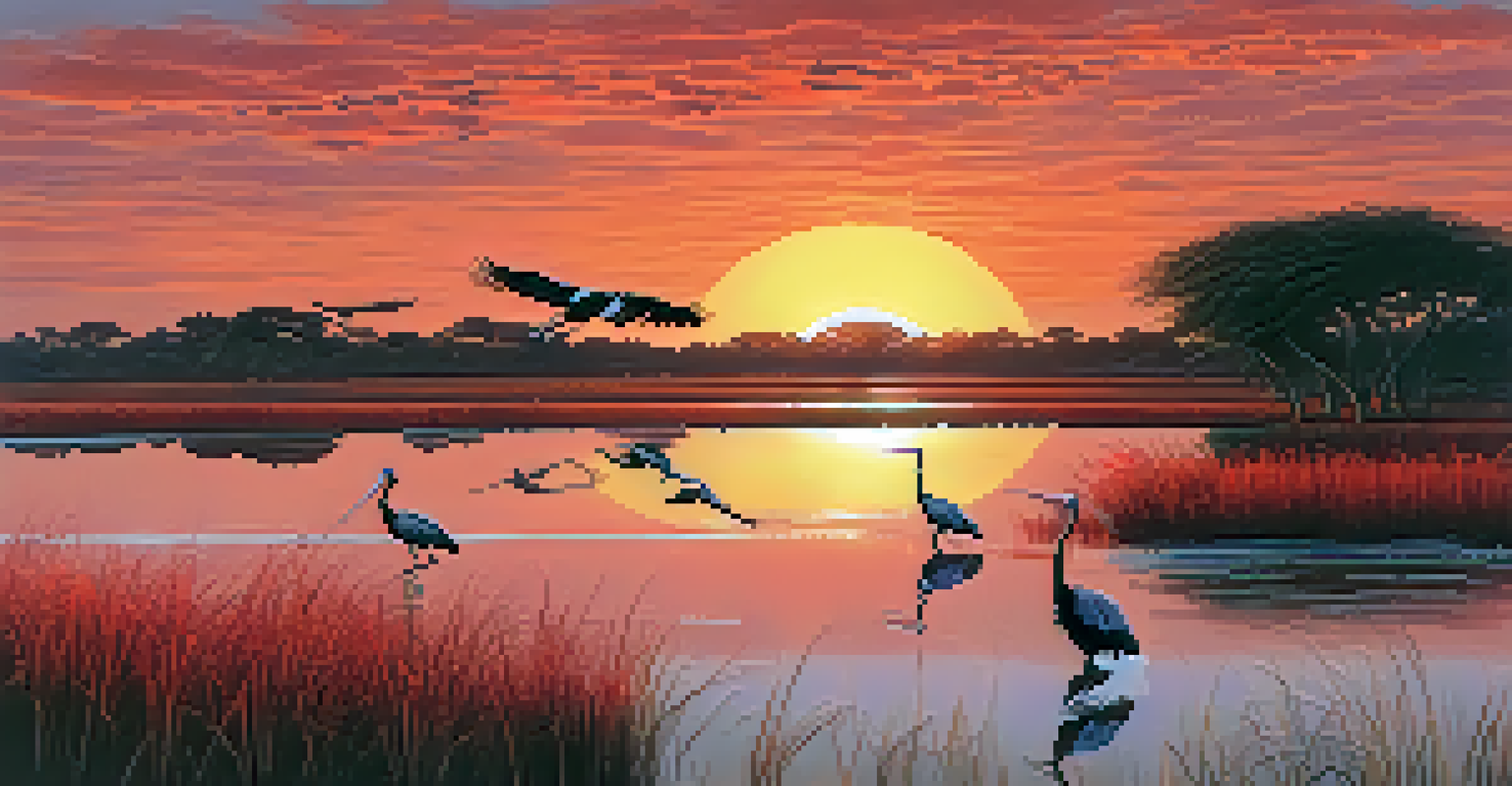 A scenic sunset over the Pantanal wetlands featuring a Jabiru and flying Scarlet Ibis.