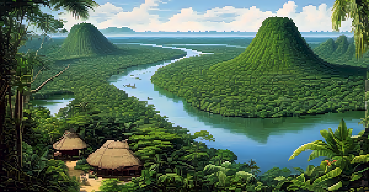 A landscape view of the Amazon rainforest with a river, diverse plants, and a small Indigenous community with traditional houses.