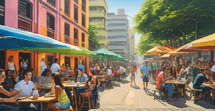 A busy street in São Paulo with people socializing in coworking spaces and coffee shops, surrounded by colorful murals and lush trees.