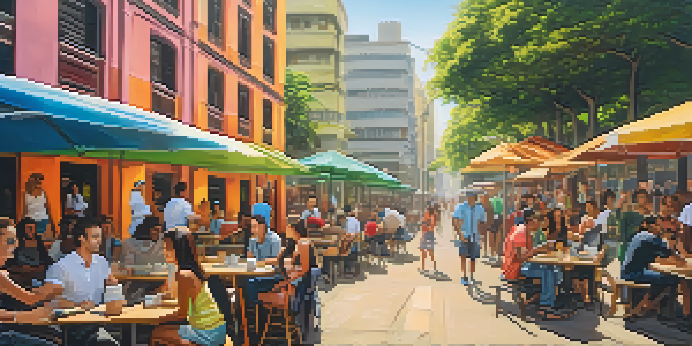 A busy street in São Paulo with people socializing in coworking spaces and coffee shops, surrounded by colorful murals and lush trees.